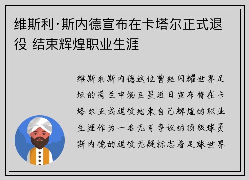 维斯利·斯内德宣布在卡塔尔正式退役 结束辉煌职业生涯 维斯利·斯内德宣布在卡塔尔正式退役 结束辉煌职业生涯
