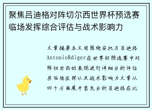 聚焦吕迪格对阵切尔西世界杯预选赛临场发挥综合评估与战术影响力